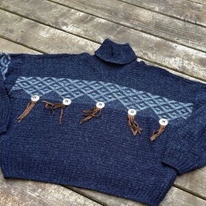 80s/90s Navy Blue Sweater with Fringe and Pattern fits size M/L